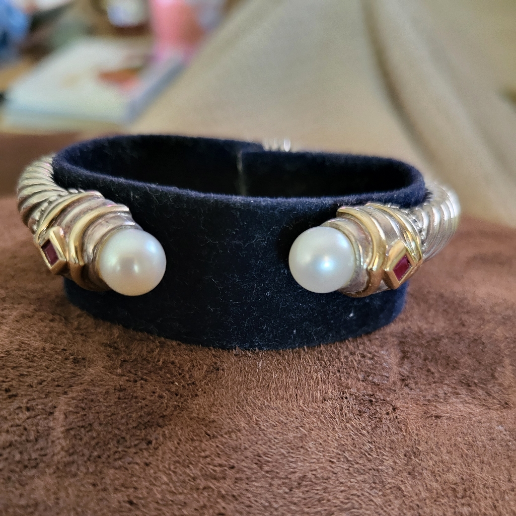 14k And 925 Renaissance Pearl And Garnet Cuff Bangle